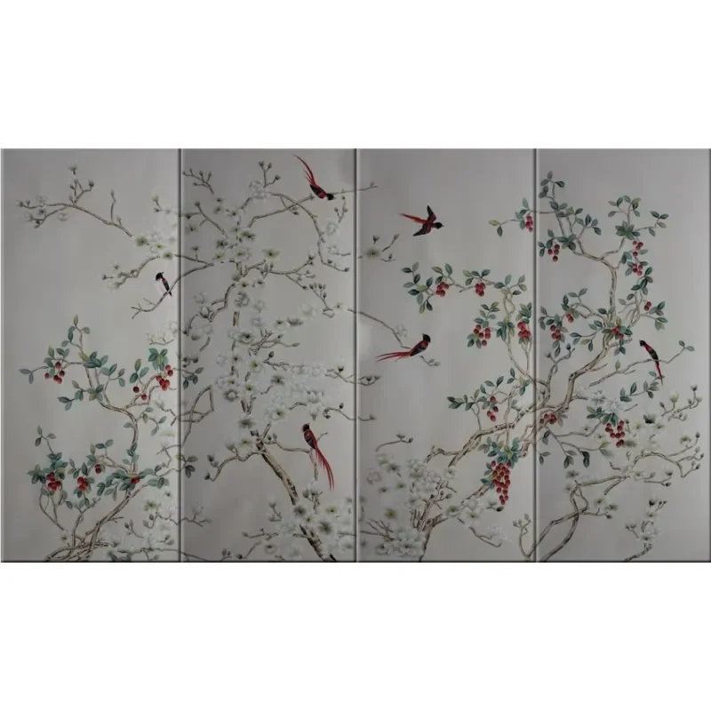 Interior Wall Decor Floral Long Tail Bird Design Silk Chinoiserie Handpainted Wallpaper