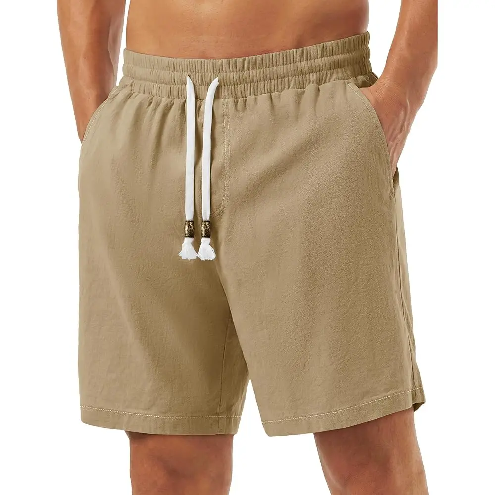 

Мужские повседневные шорты из хлопка, 7 дюймов, с эластичным поясом на шнурке, легкие, летние, пляжные, с карманами