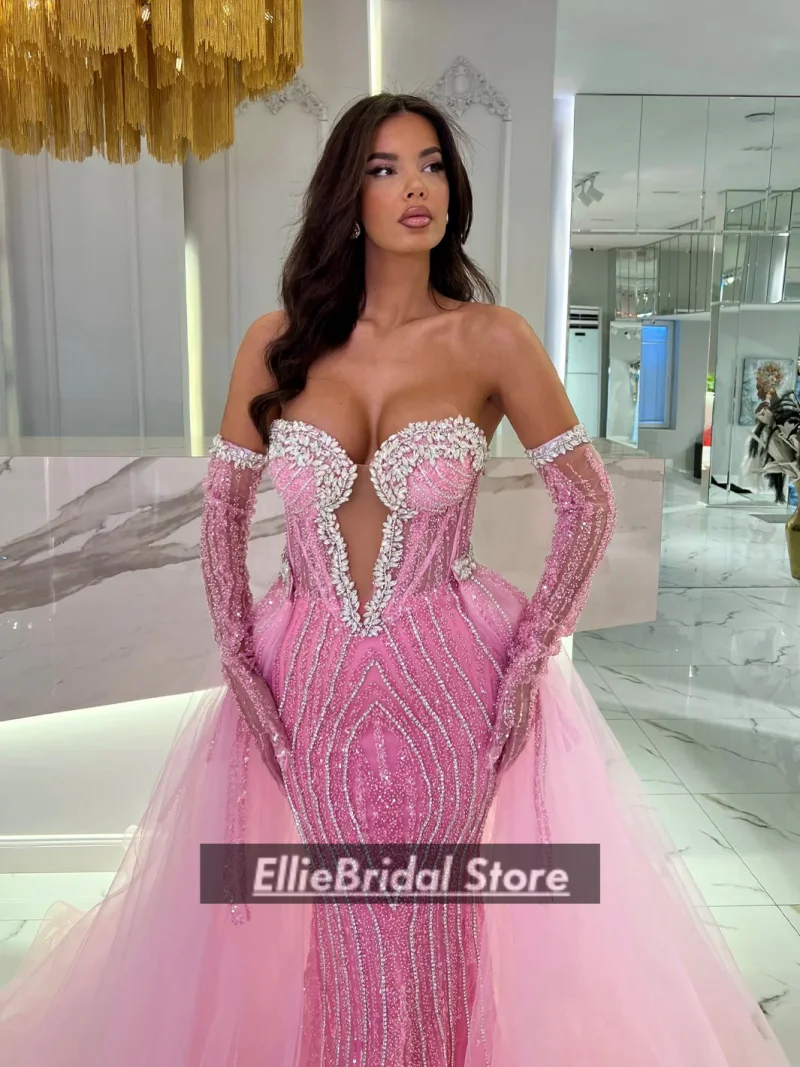 Eleganti abiti da sera azzurri per ragazze africane Abito da cerimonia nuziale con paillettes di cristallo di lusso con strascico staccabile personalizzato