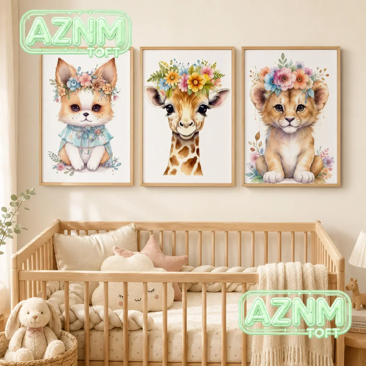Nursery Animal Wall Art, Cute Flower Lion Bear Fox Canvas Painting, Plant Crown Posters Prints for Baby Kids Bedroom Decor