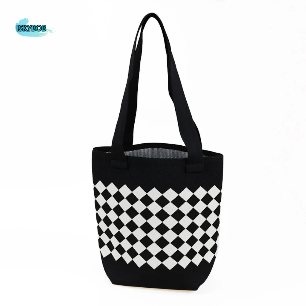 

Rhombus Knitted Knitted Shoulder Bag Plaid Comfortable Handle Women's Handbag Portable Large Capacity Crochet Tote Bag Beach