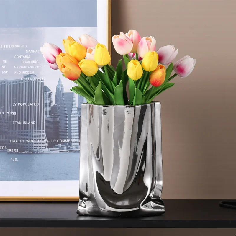 Silver Ruffled Flower Vase Ceramic Vase Porcelain Flower Arrangement Decoration Bag Shape Terrarium