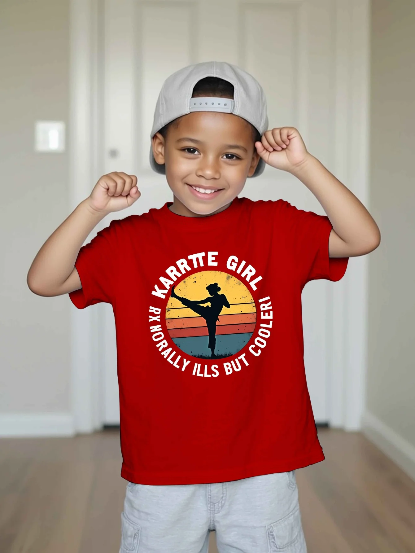 Vintage Sunset Karate Girl Martial Arts Silhouette Letter Print T Shirt Family Matching Boys Girls Kids Casual Short Sleeve Tops