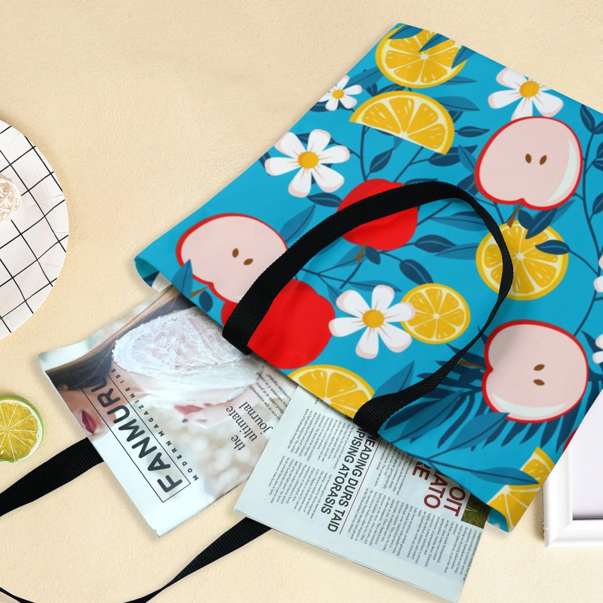 حقيبة تسوق قماشية من قماش التفاح والليمون الأزرق، حقيبة تسوق صيفية طازجة قابلة لإعادة الاستخدام للنساء مثالية لرحلات السوق اليومية