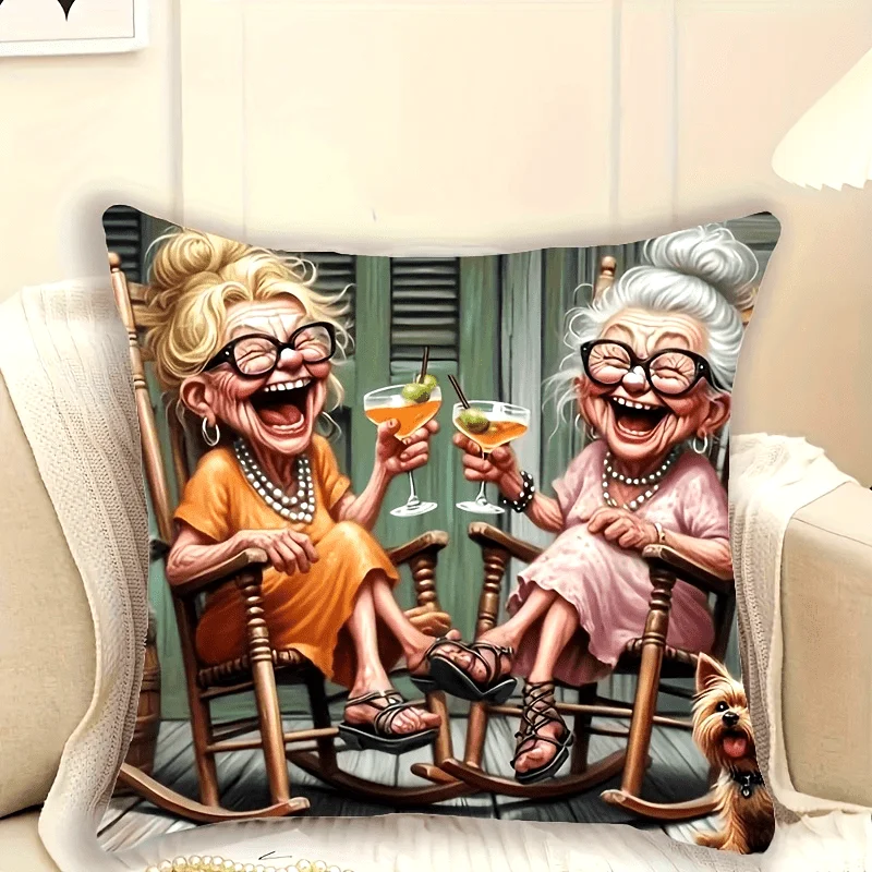 Funny Grandma Pillow Case, Laughing Elderly Women Cushion Cover, Retro Porch Scene Home Decor for Sofa Living Room Gift