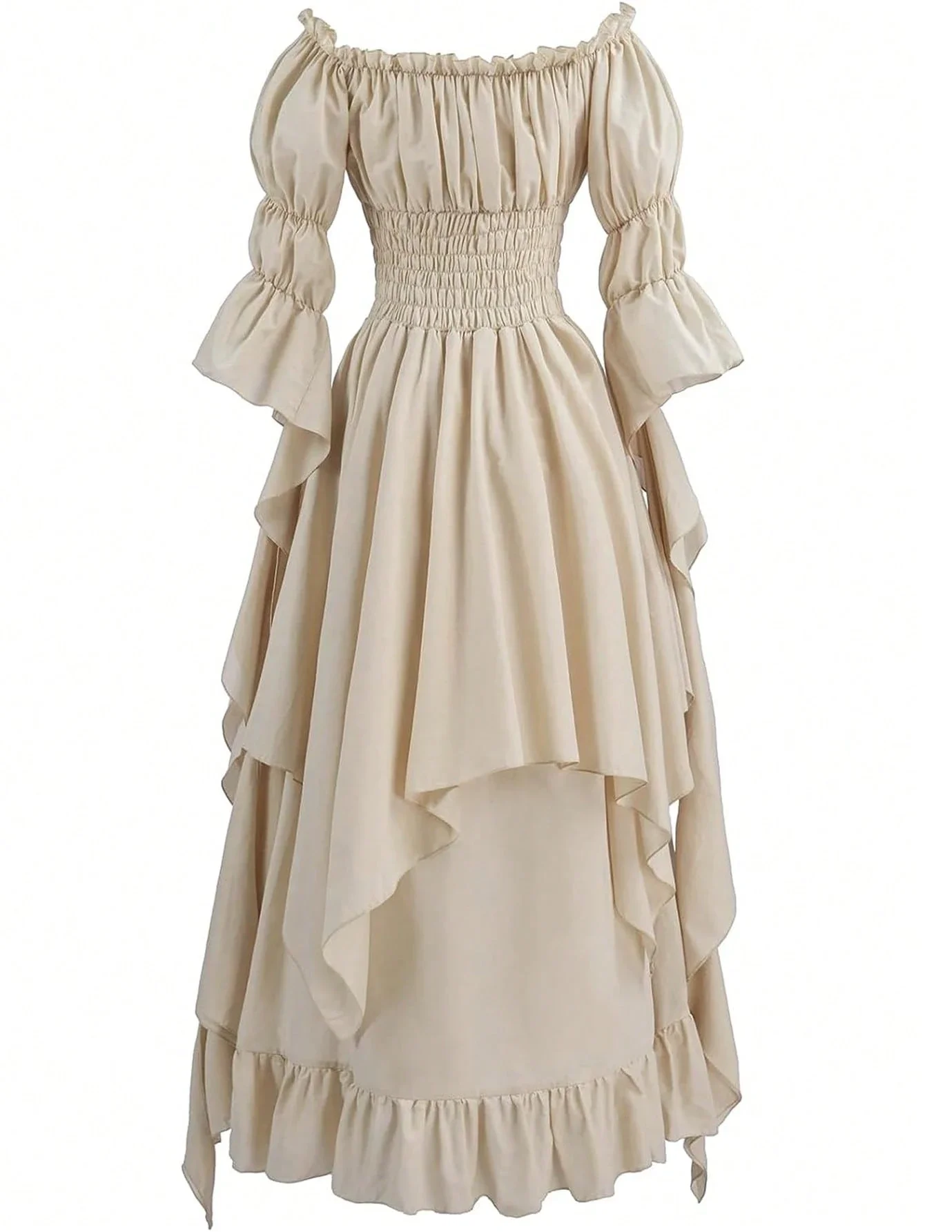 

Элегантное женское платье макси в средневековом стиле, однотонное, с открытыми плечами, расклешенными рукавами и драпировкой на талии