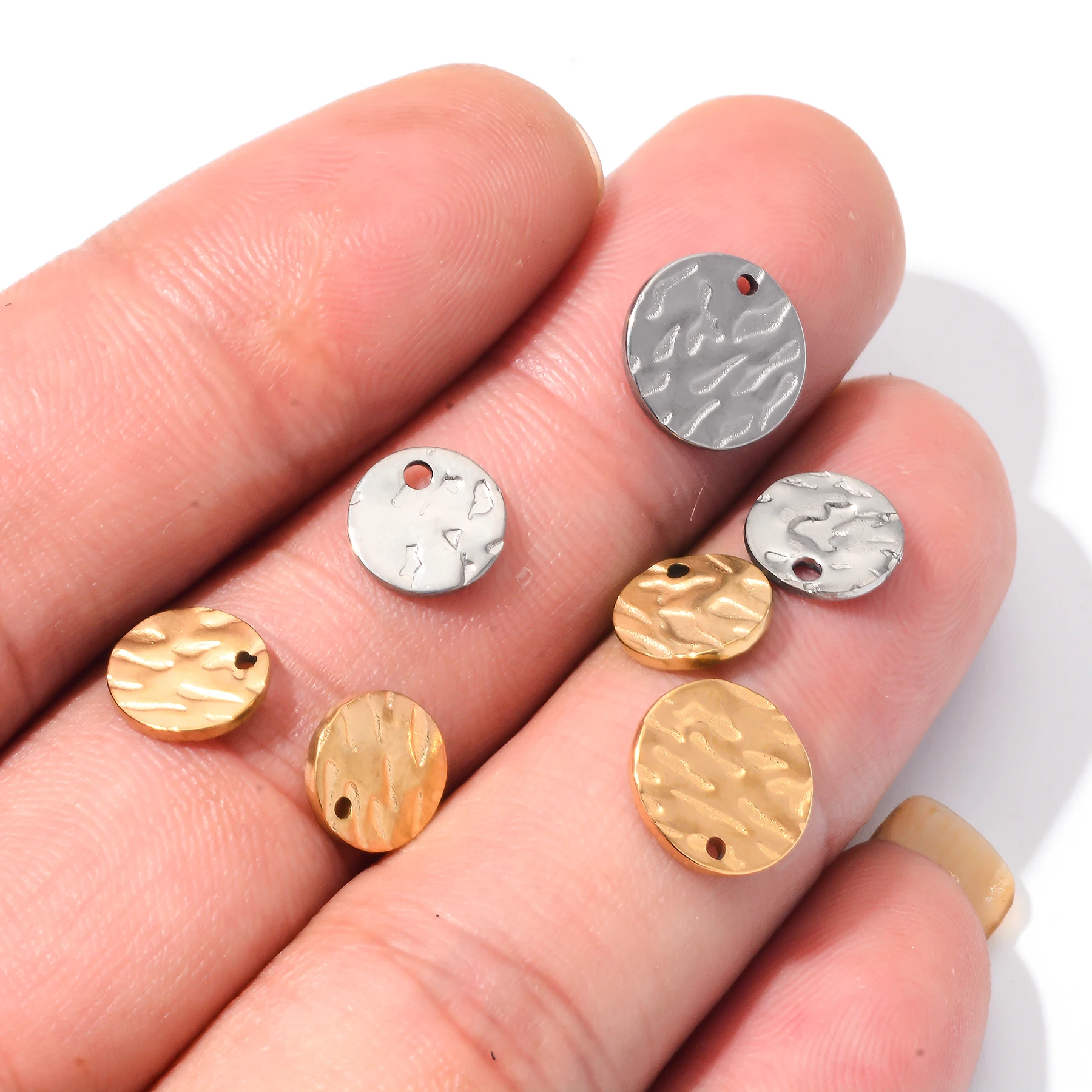 20 Stück/Set 8mm/10mm Goldfarbene Runde Strukturierte Anhänger aus Edelstahl, Runde Leere Münzperlen für DIY-Halsketten- und Armbandherstellung – Detail 6