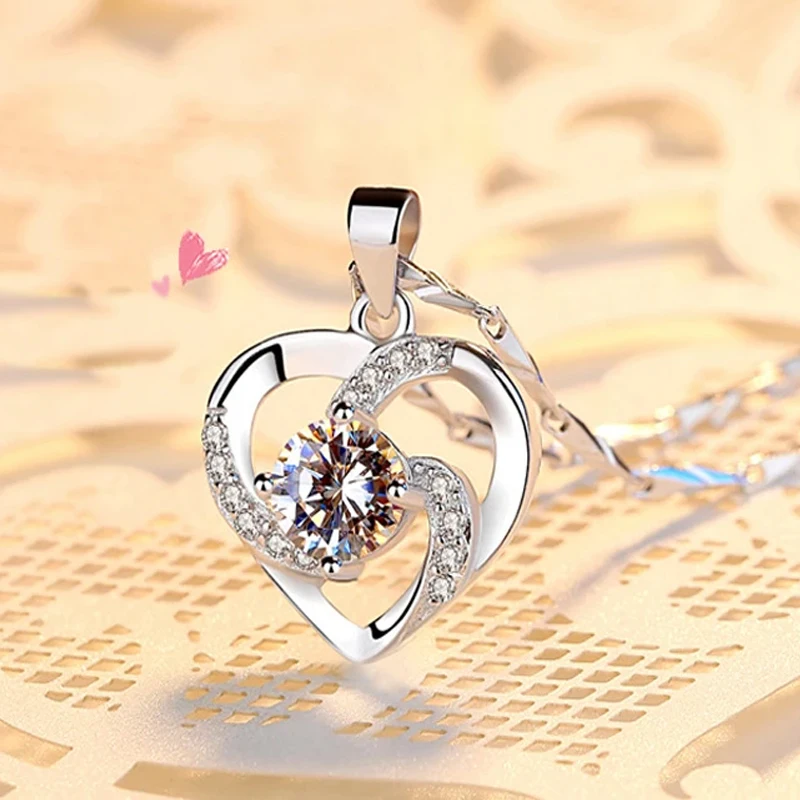 Romantic Heart Zirconia Diamant Pendant Necklace Women Gift Jewelry Silver 925 Necklace, With Box Chain &Velvet Cloth Bag