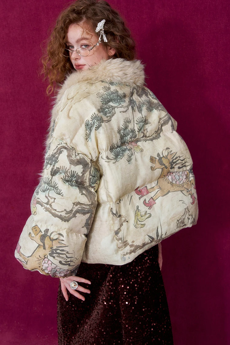 ELFSACK Women Puffer Down Jacket 2026 Winter Pony Print Fur Collar Lantern Sleeve New Oriental Style Casual Outerwear