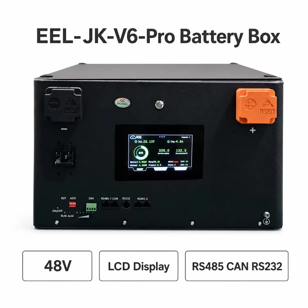 EEL 16S 48V Stackable LiFePO4 Battery Box for Solar Energy Storage ESS Off Grid Home Backup 200A JK BMS with LCD Display