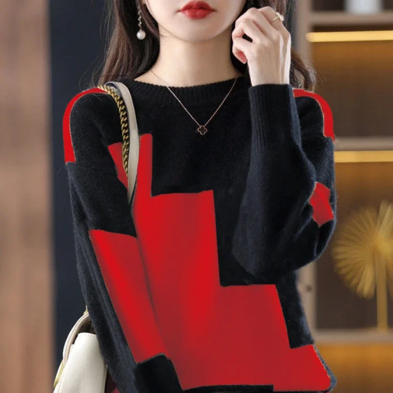 Yellow Round O Neck Graphic Pullover Ladies Sweaters Red Knitted Top for Women Korean Style Winter Thermal Blouse Fashion 2024