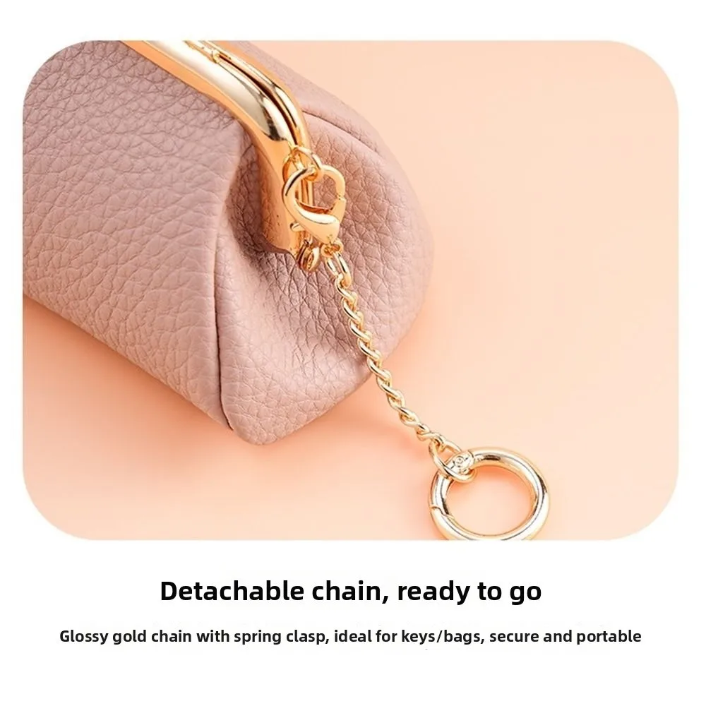 Soft Leather Mini Coin Purse Solid Color Retro Style Change Pouch with Keychain Portable with Metal Key Chain Kiss Lock Wallet