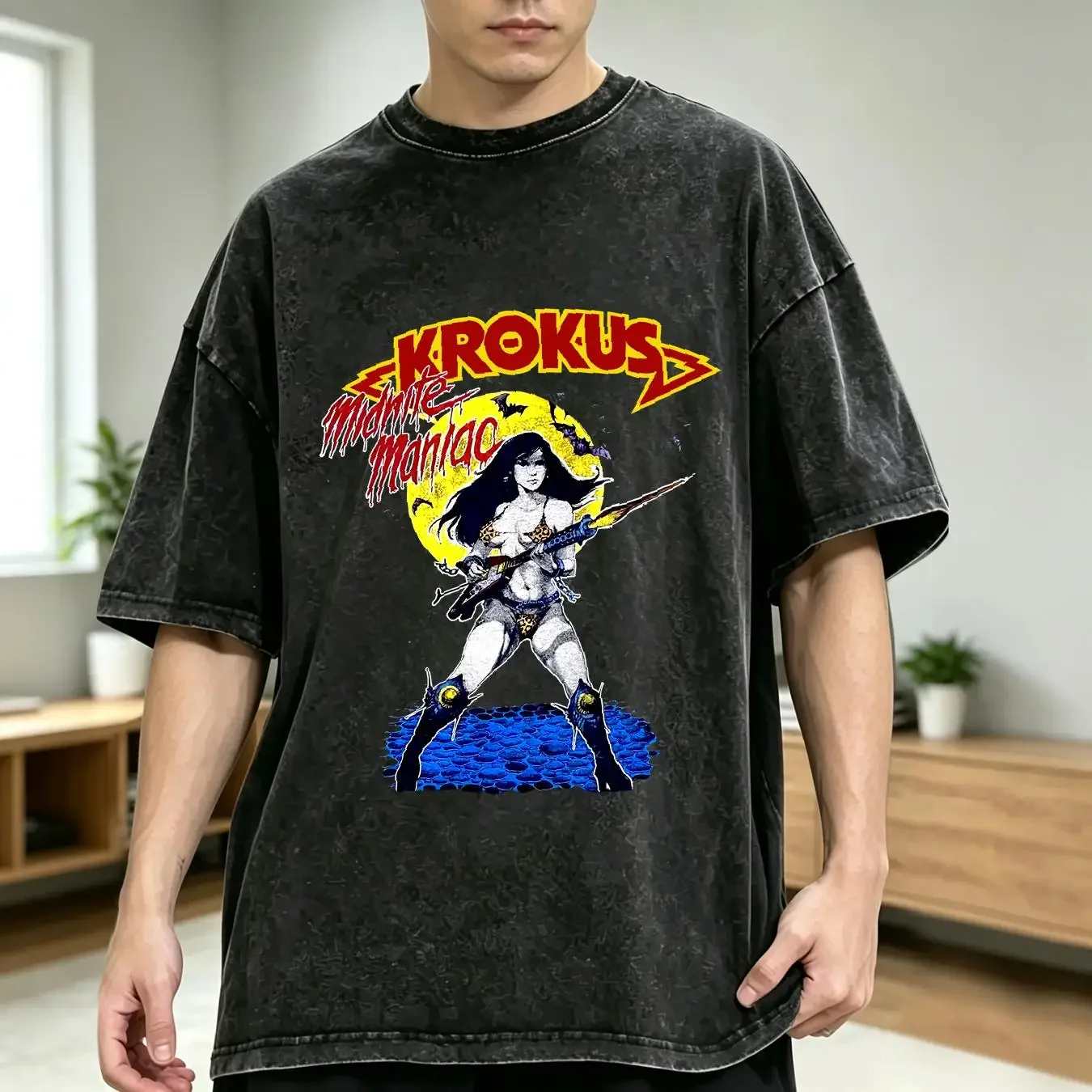 washed T Shirt Vintage 80s Krokus Band Medium Men 1985 Metal Rock Midnite Maniac long or short sleeves vintage Washed graphic