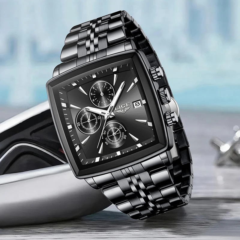 LIGE Orologi sportivi da uomo Fashion Business Orologio da polso luminoso quadrato da uomo Cronografo al quarzo con data impermeabile Relogio Masculino