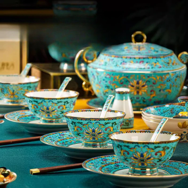 

Dishes and dishes set, household enamel color bone china tableware, high-end household Phnom Penh bowls and plates for gifts