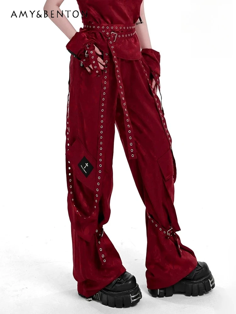 

New Chinese Punk Women High Waist Wide Leg Pants Black Red Butterfly Jacquard Ribbon Lace-up Loose Thin Streetwear Pants