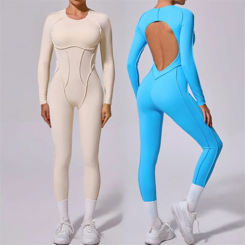 

Women's Seamless Yoga Bodysuit - Backless Slim-Fit Long Sleeve One-Piece for Gym Running Fitness Activewear