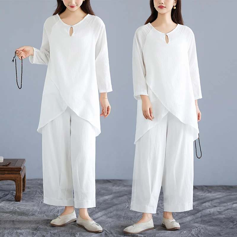

Белый хлопково-льняной комплект: халат для медитации в стиле дзен для мирян, весенняя коллекция, удобный, дышащий, традиционный женский костюм