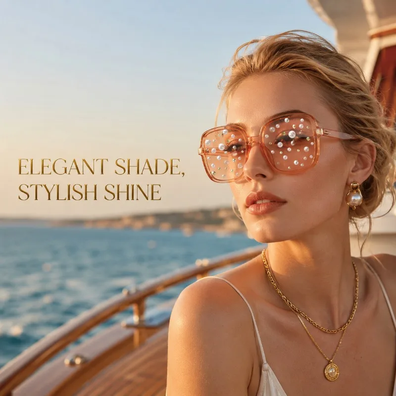 Crystal Rhinestone Square Sunglasses Women Transparent Orange Shades Seaside Yacht Beach Vacation Fashion Eyewear