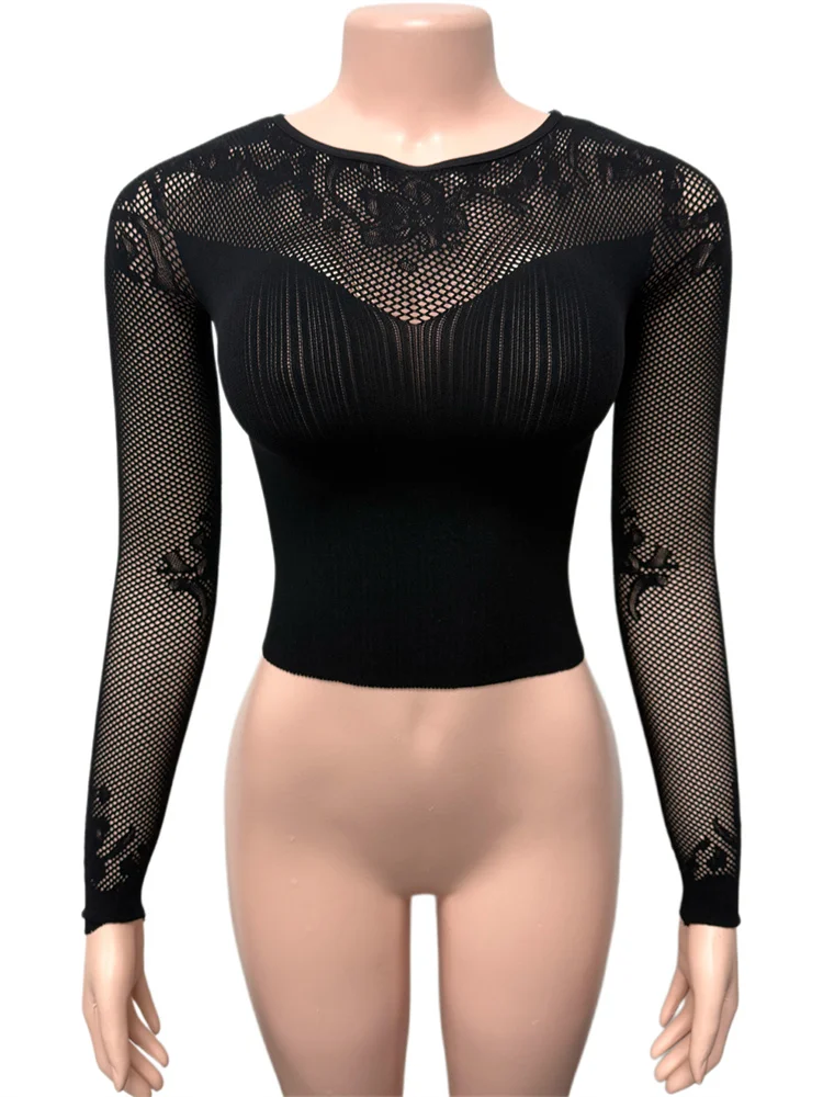 Nibber-Tops cortos huecos para mujer, retales ajustados, Sexy, manga larga, cuello redondo, alta elasticidad, moda de medianoche, ropa de calle Coquett