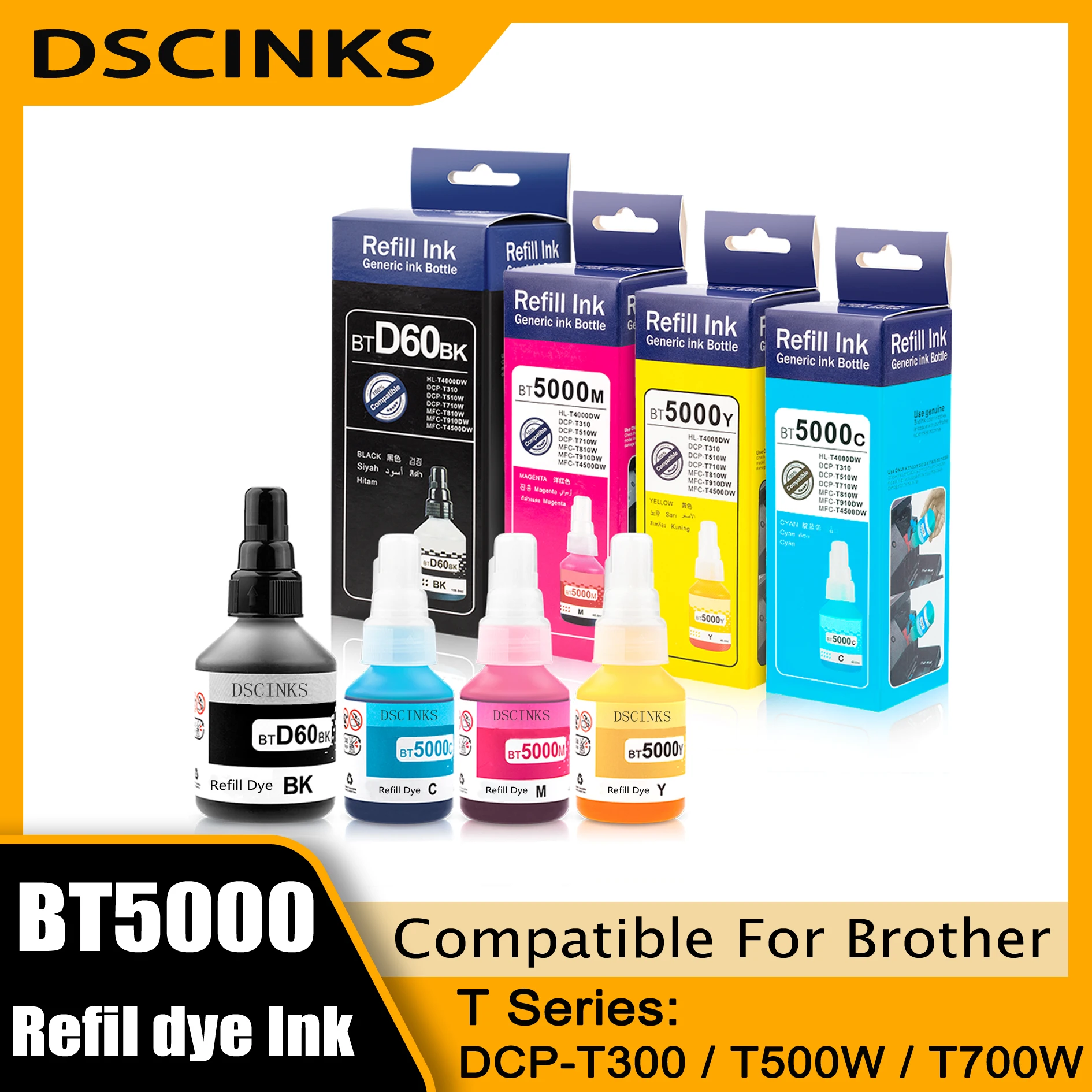 Tinta de recarga para impresora Brother D60BK BT5000, compatible con las impresoras Brother DCP-T300 T500W T700W