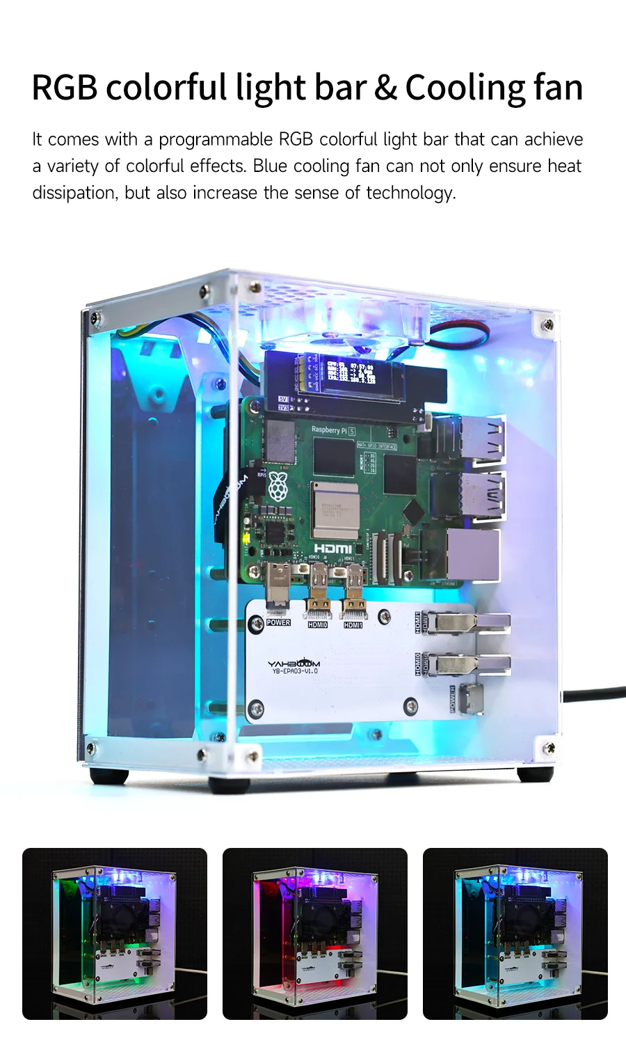 Yahboom Raspberry Pi 5-Schutzhülle, Mini-Kit mit Lüfter und Farbwechsel, Umgebungslicht, unterstützt Installation, M.2 SSD – Detail 14