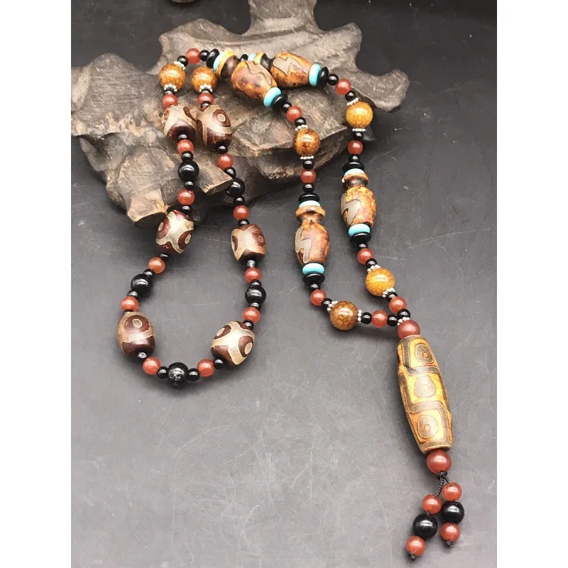 Natural Agate Necklace Nine Eyes Tibetan Style Prayer Beads Crafts Ornament Gift