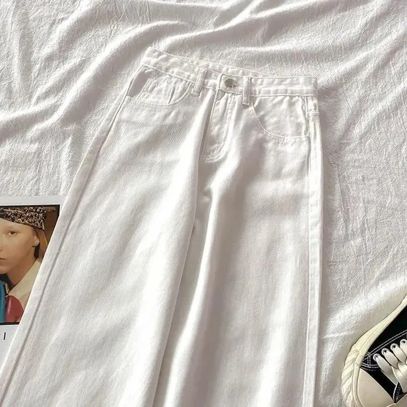 

Женские прямые джинсы больших размеров с высокой талией и широкими штанинами, весенние новые утягивающие свободные студенческие длинные брюки, модные