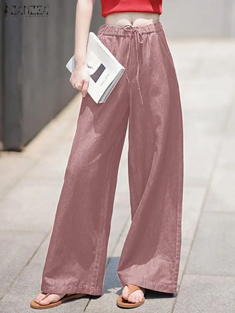 

Vintage Bandage Wide Leg Trousers ZANZEA Casual Denim Long Pants Women Elastic Waist Solid Pant 2023 Autumn Loose Office Pants