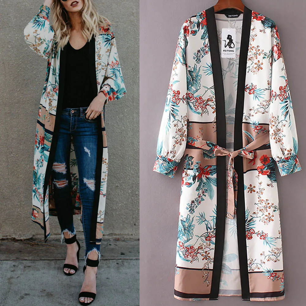 Womens Belt Bandage Shawl Print Kimono Cardigan Up Blouse Beachwear