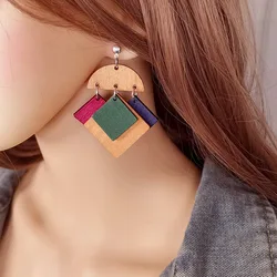 women's Statement Boho Wooden Earrings with Geometric Decoration Pendant Vintage Ethnic Dangle Earring for Women Free Shipping
