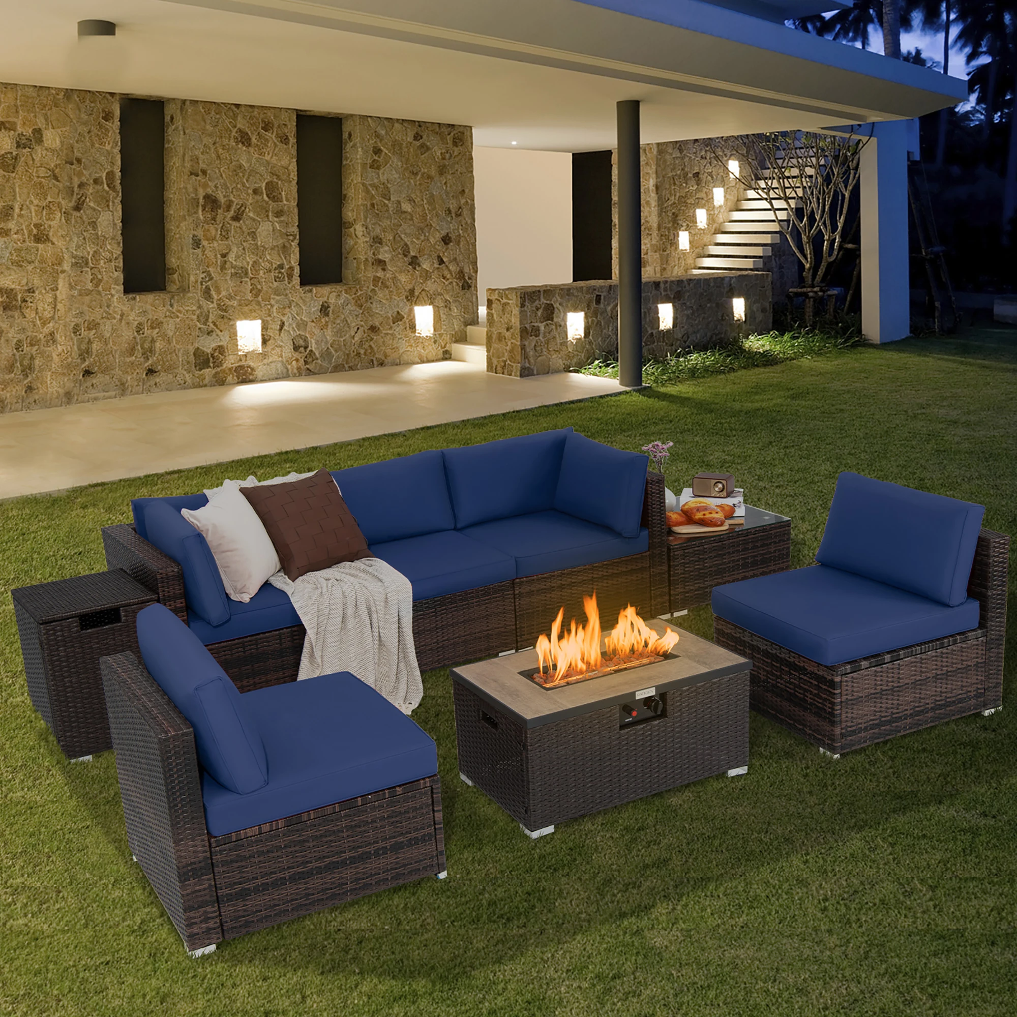 8PCS Patio Rattan Furniture Set Fire Pit Table Tank Holder Cover Deck Navy