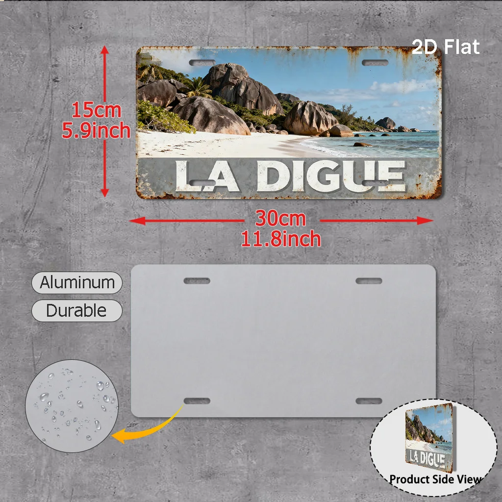 Vintage Aluminum Metal Sign La Digue Island Seychelles Tropical Beach Scene Coral Reefs Palm Theme Retro Wall Art Plaque for Hom