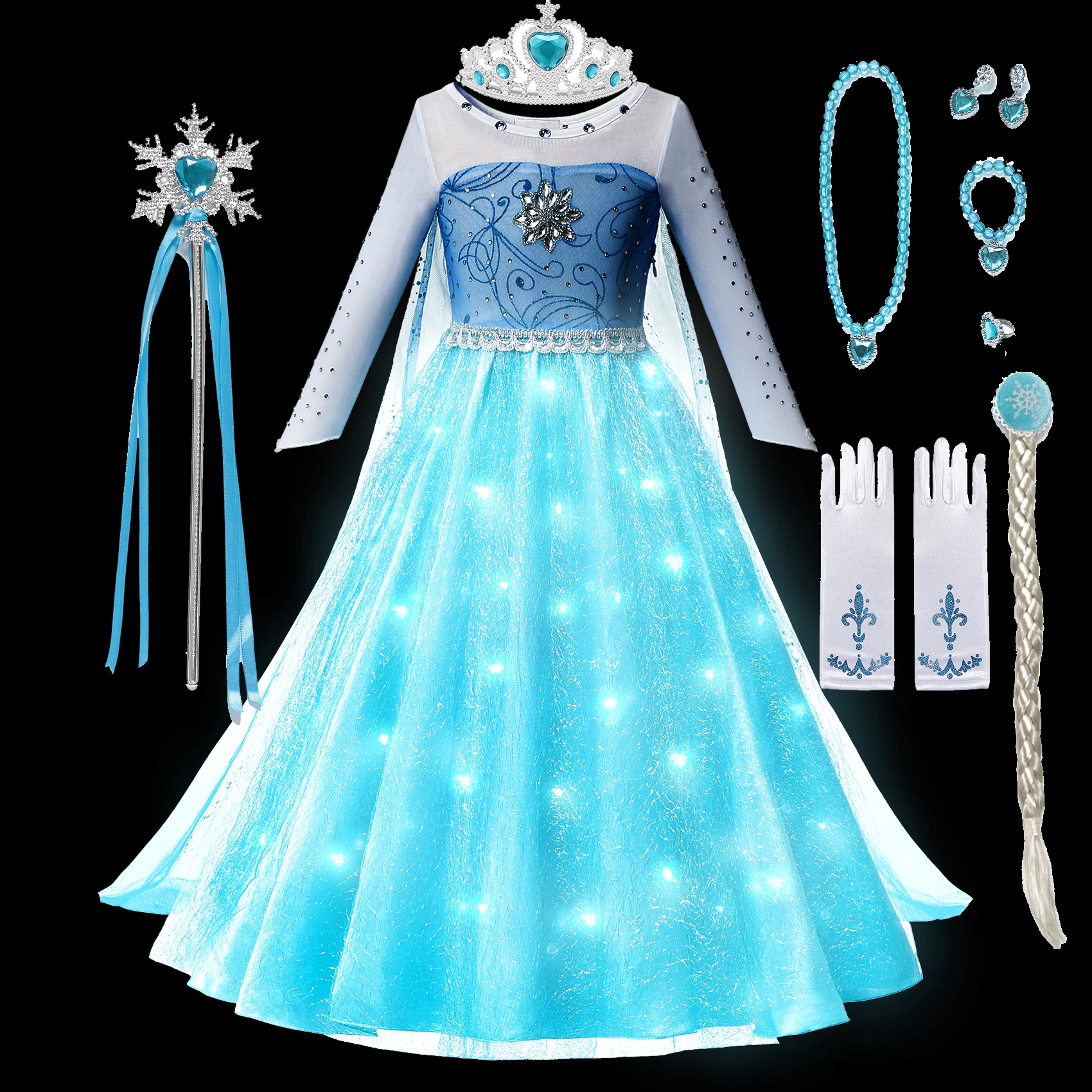 LED Light Up Dress for Girls Disney Frozen Princess Elsa Costume Kids Cosplay Clothes Snow Queen Carnival Christmas Party Outfit