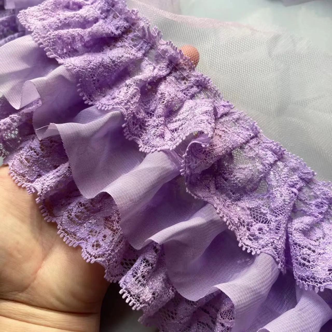 1 Yard Purple Three Layers Pleated Lace Trim Chiffon Fabric Embroidery Fringe Ribbon Collar Ruffle DIY Curtains Sewing Decor