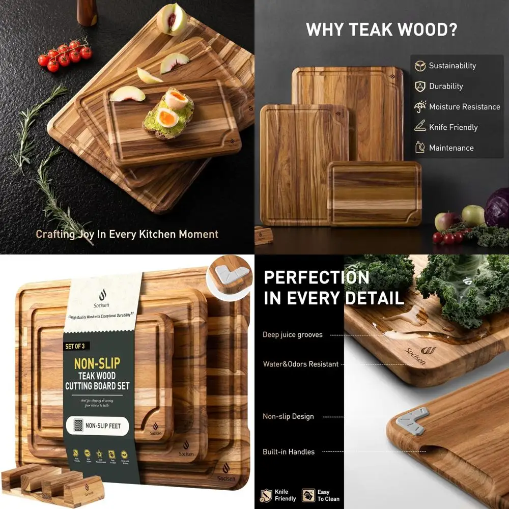 

Premium Teak Wood Chopping Boards Set - Large, Medium & Small for Kitchen, Charcuterie, and Meat Cutting