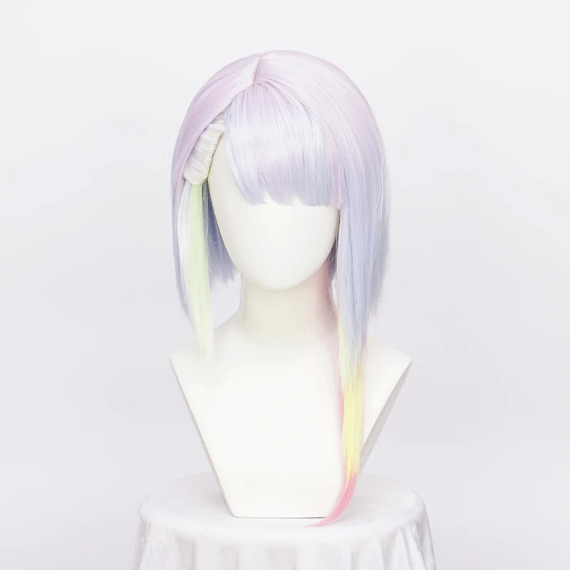Cyberpunk: edgerunners lucy peruca cosplay lucyna kushinada 45cm cabelo curto em linha reta syntic gradiente perucas de couro cabeludo comic peruca livre tampão