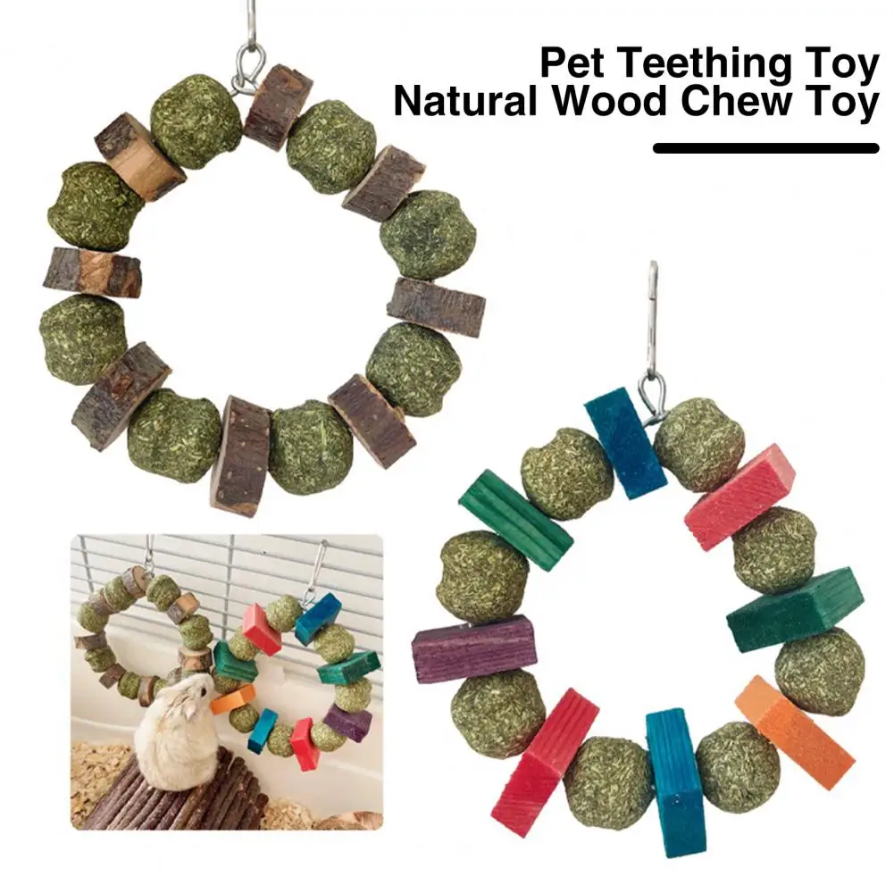 Pet Teething Toy Hamster Stress Reliever Toy Natural Wood Grass Ball Hanging Chew Toy for Small Rabbit Guinea Pig Hamster Gerbil