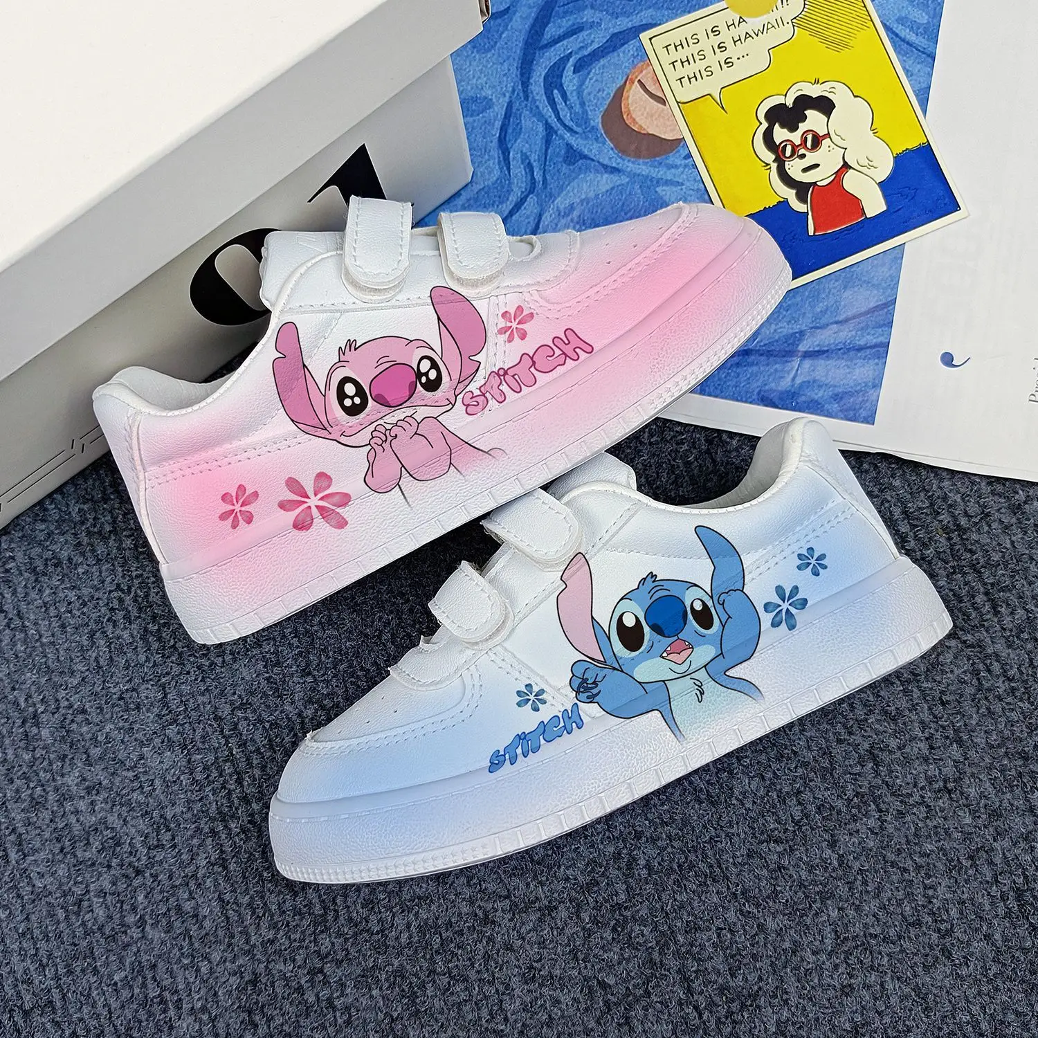 Disney-Zapatillas deportivas con estampado de Lilo & Stitch para niños y niñas, zapatos planos de tenis para niños, zapatillas informales blancas de