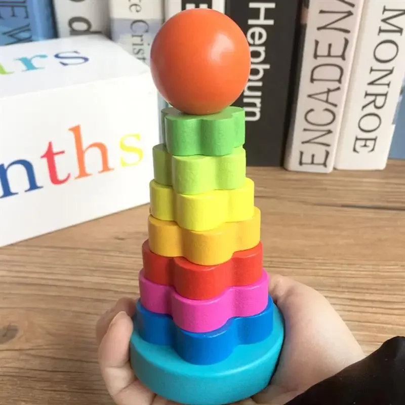 Torre arcobaleno in legno Giocattoli educativi Montessori per bambini Apprendimento infantile Bambini Legno colorato per regalo di Natale
