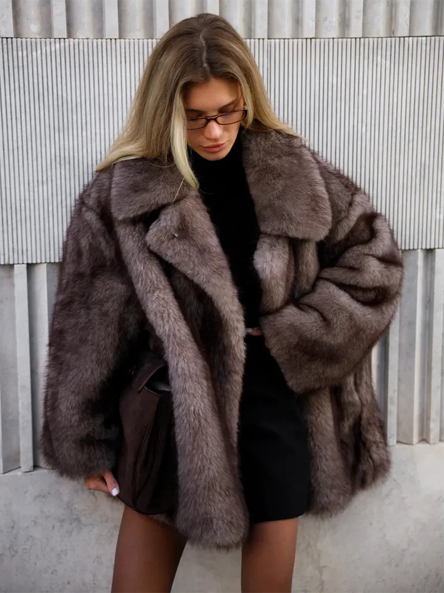 Women Lapel Faux Fur Coat Open Front Loose Long Sleeve Plush Outerwear Jacket