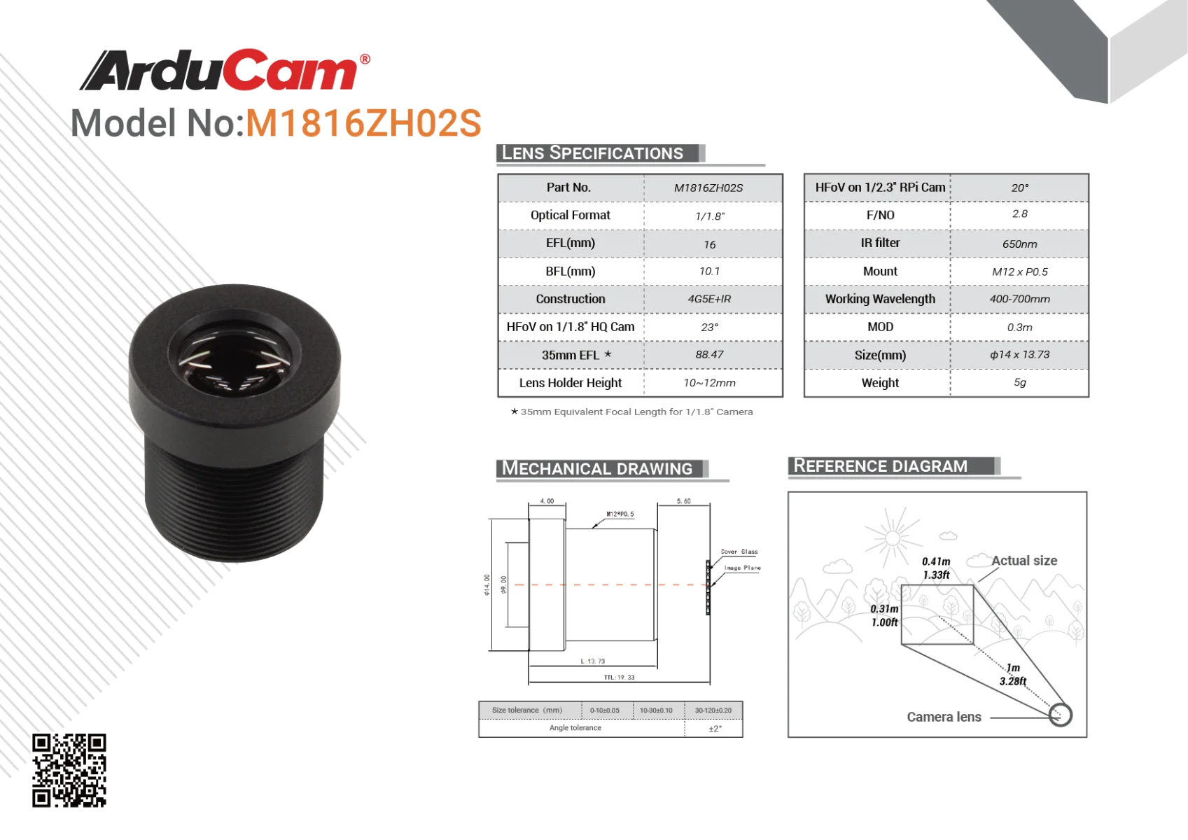 Arducam 1/1.8'' 4K 16mm Low Distortion M12 Lens for OS08A10,OS08A20 and more image sensors with large optical format