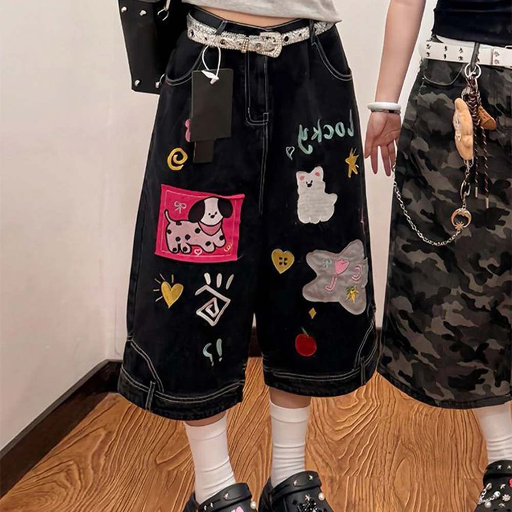 Women's Black High Waist Skinny Straight Denim Shorts Women's Summer High Street Spice Girls Wind Seven-Point Pants