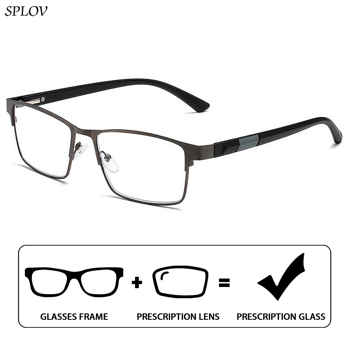 SPLOV Men's and Women's Rectangular Metal Frame Prescription Glasses Anti Blue Light Professional Multifocal Myopia Glasses