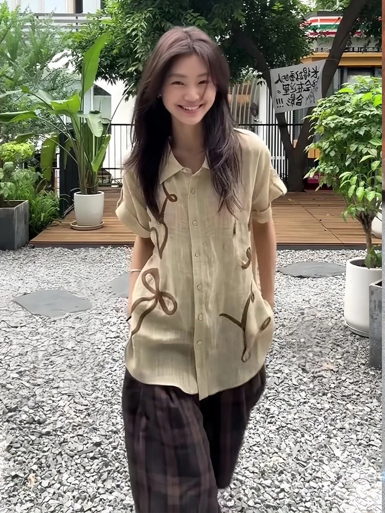 

Japanese Sle Loose Fit ort Sve irt Women's Spring Vintage Turn-down Collar Slimming Top Faionable Casual Blouse