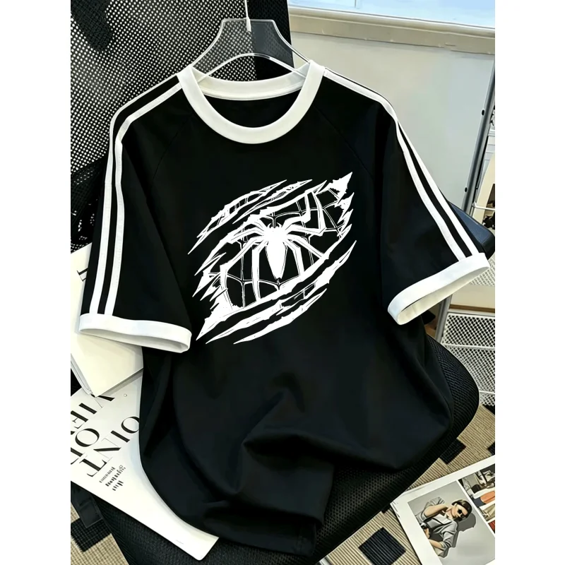 Neutral Spider Pattern T-shirt, Retro Striped Sleeves, Raglan Short Sleeve T-shirt, Y2K Street Wear, Loose Casual T-shirt