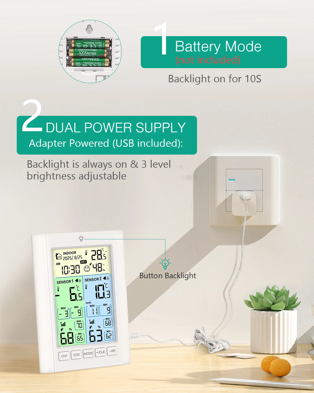 ORIA Wireless Fridge Thermometer Digital Freezer Thermometer with Alarm and 2 Sensors Indoor Thermom for Kitchen Restaurants