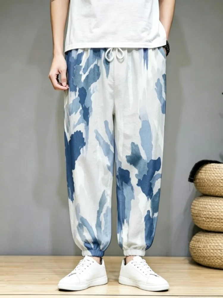 Men Tie Dye Gradient Print Carrot Jogger Pants Elastic Drawstring Waist Harem Trousers Ribbed Ankle Cuff Casual Streetwear Pant