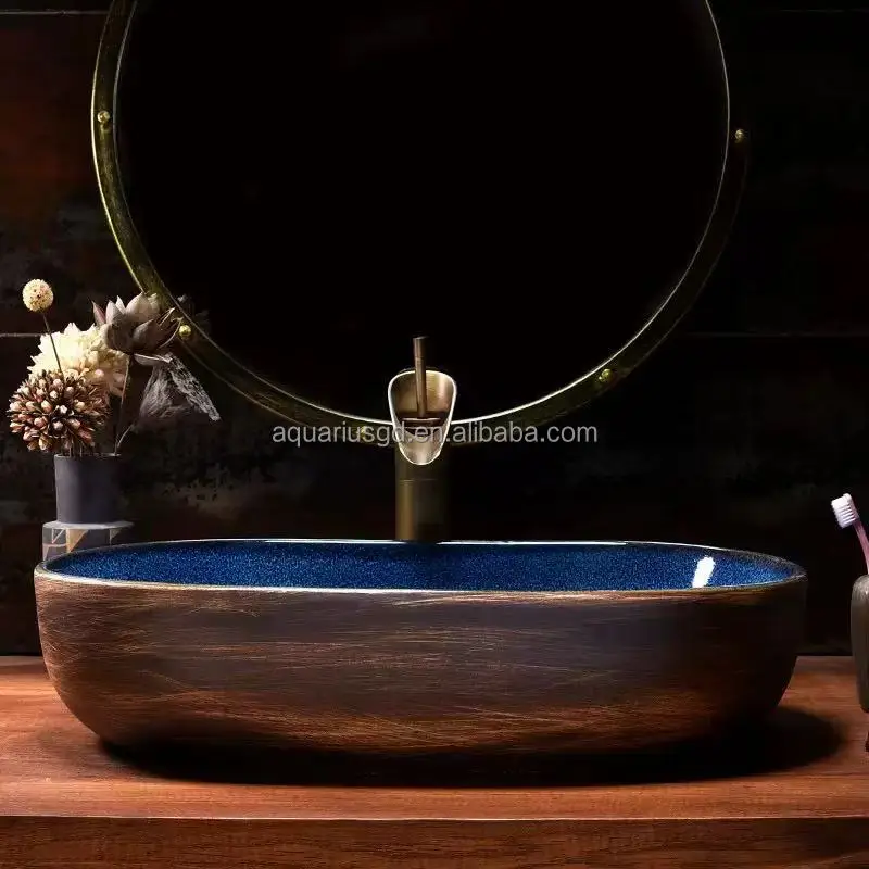 &y Popular New Retro Above Counter Basin Oval Ceramic Art Basin Rectangle Bathroom Sink Balcony Single Basin