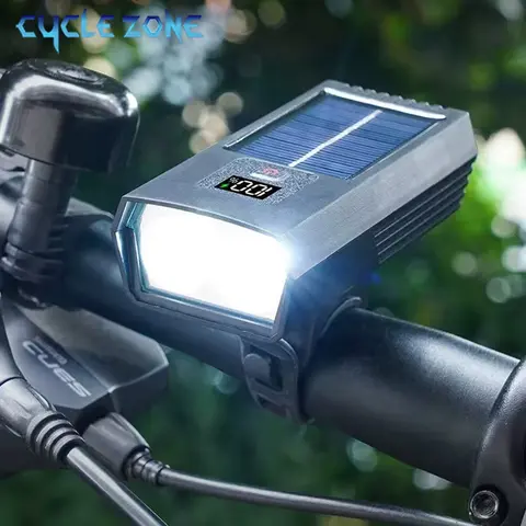 Solar Charging Bicycle Front Light Smart Digital Display LED Head Light 3 Modes Night Riding Light for Cycling MTB Road Bike